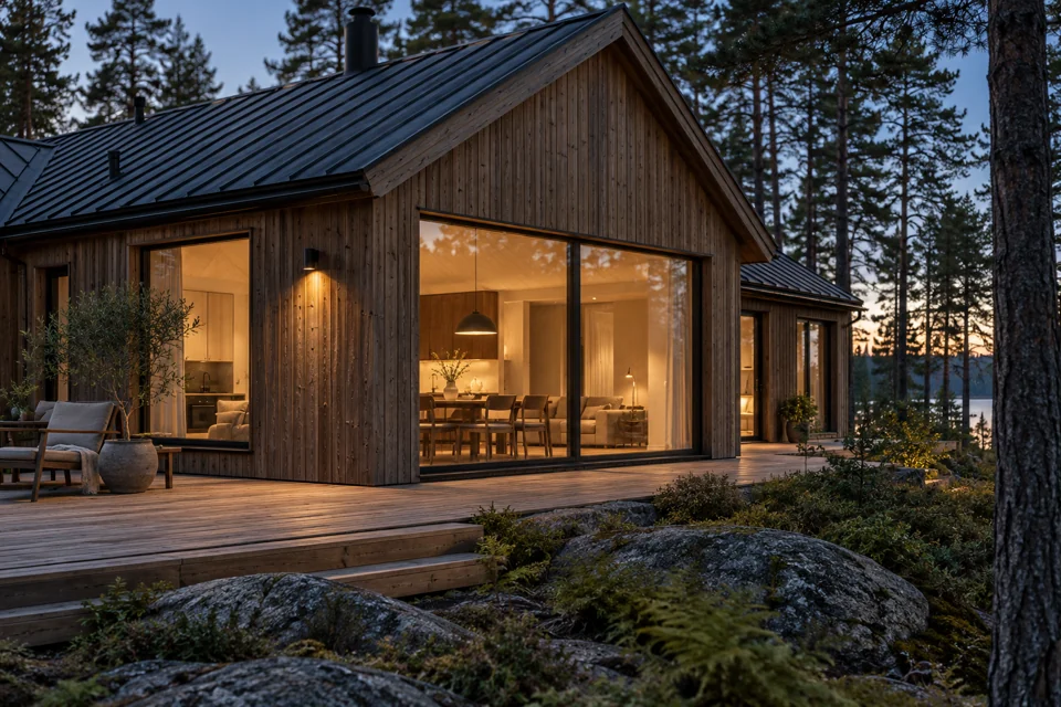 Illustration av ett skandinaviskt trähus med varm belysning bland tallar.